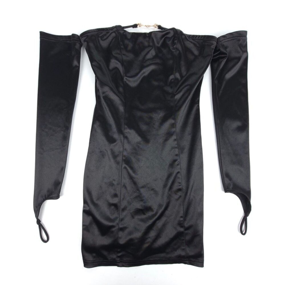 NEW Superdown Vera Sleeve Dress Black Satin Glam 90s Micro Mini Long Sleeve Gold